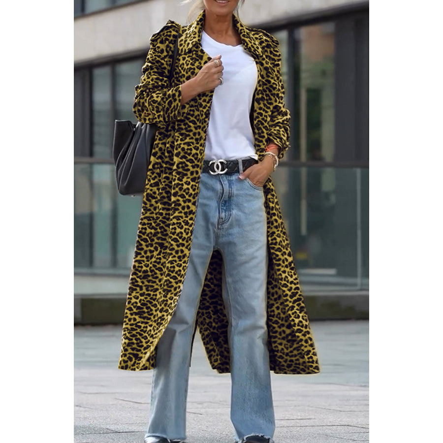 Leopard Collared Neck Long Sleeve Trench Coat Apparel and Accessories