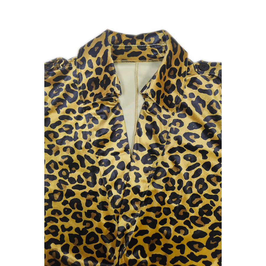 Leopard Collared Neck Long Sleeve Trench Coat Apparel and Accessories