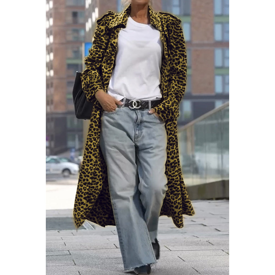 Leopard Collared Neck Long Sleeve Trench Coat Leopard / S Apparel and Accessories