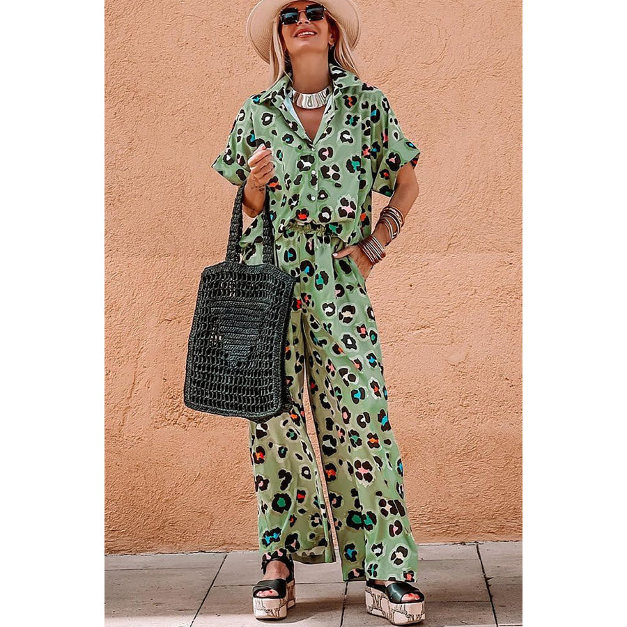 Leopard Collared Neck Top and Pants Set Sage / S Apparel and Accessories