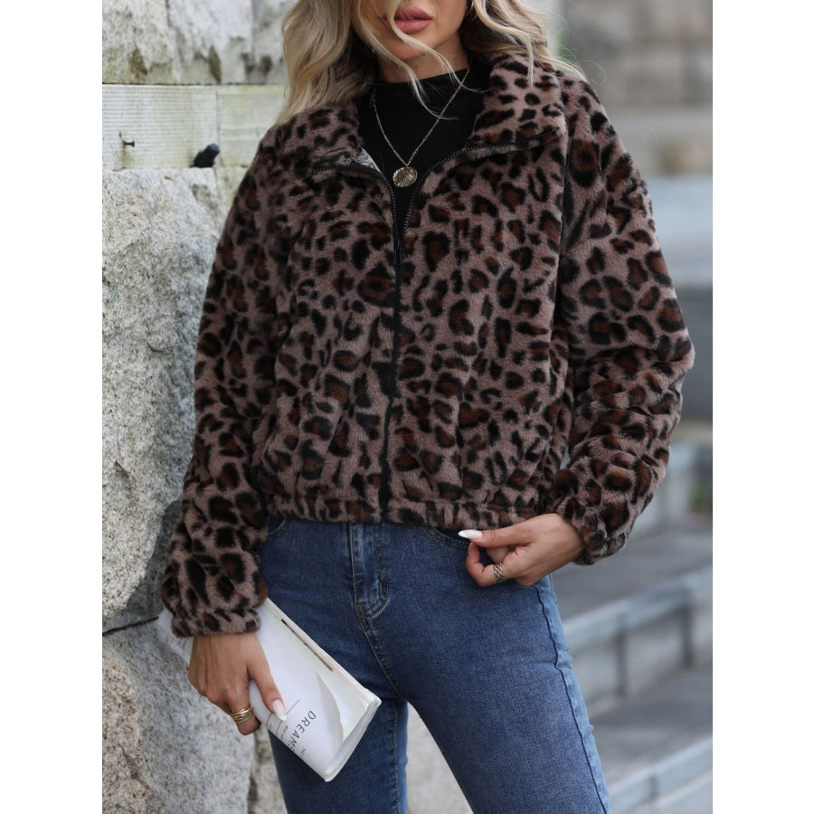 Leopard Collared Neck Zip Up Jacket Apparel and Accessories