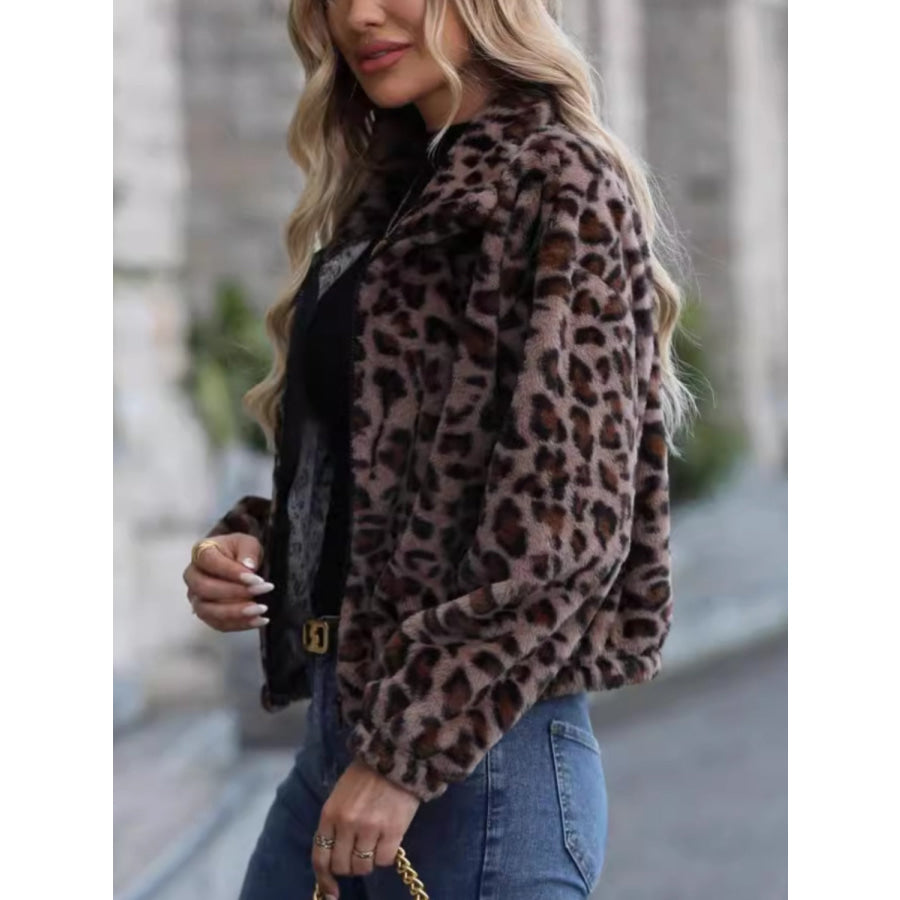 Leopard Collared Neck Zip Up Jacket Apparel and Accessories