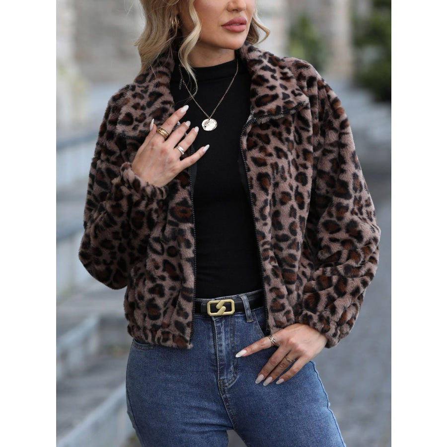 Leopard Collared Neck Zip Up Jacket Apparel and Accessories