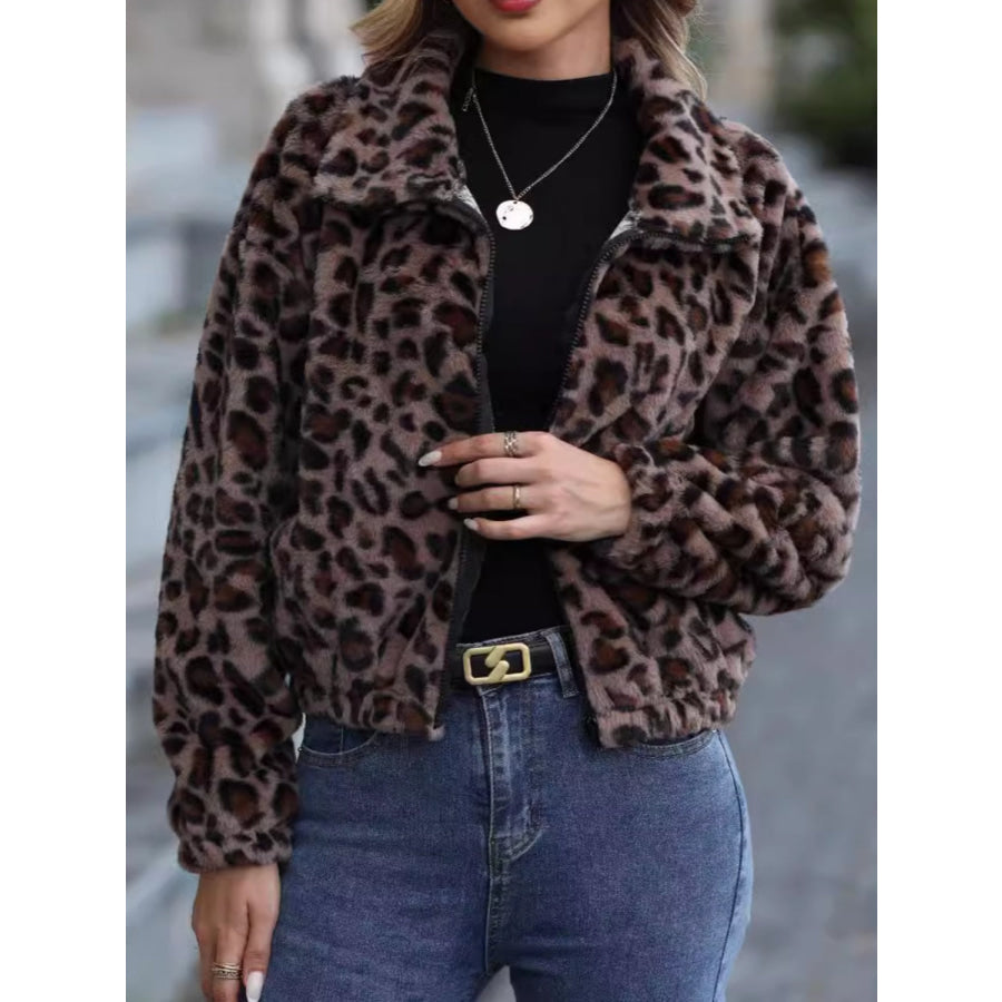 Leopard Collared Neck Zip Up Jacket Leopard / S Apparel and Accessories