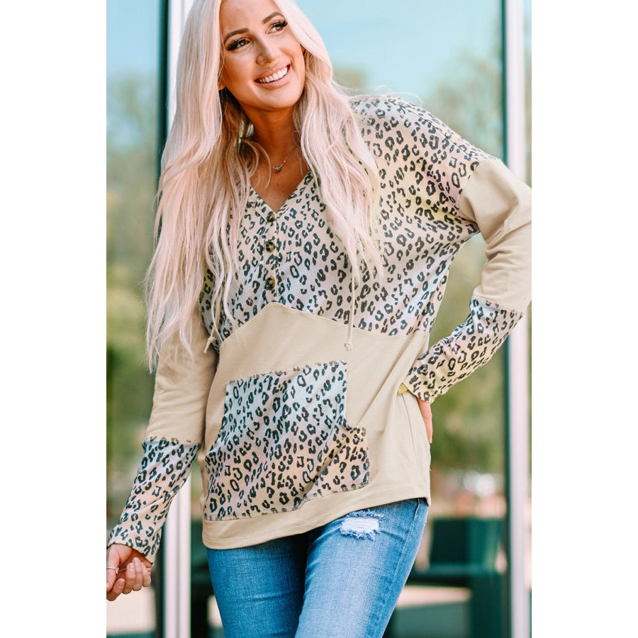 Leopard Color Block Buttoned Drawstring Detail Hoodie Leopard / S