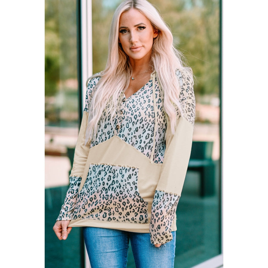 Leopard Color Block Buttoned Drawstring Detail Hoodie