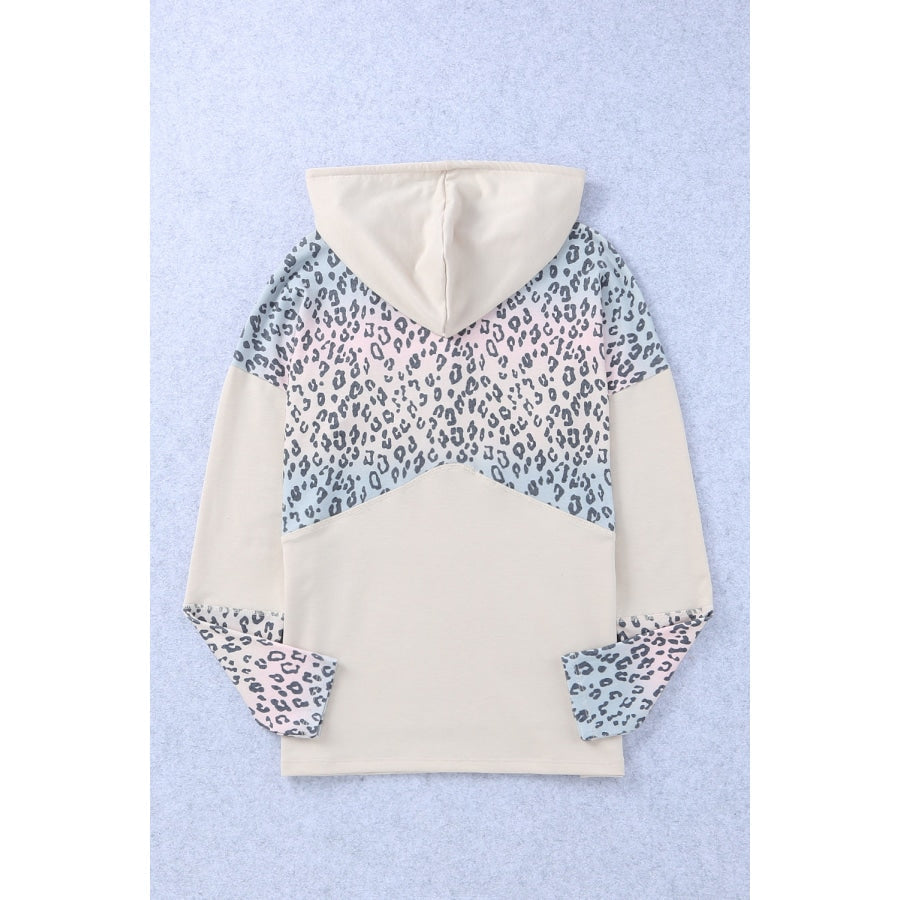 Leopard Color Block Buttoned Drawstring Detail Hoodie