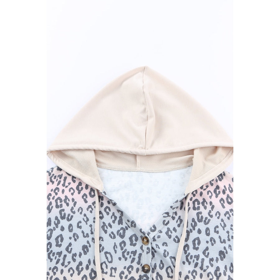 Leopard Color Block Buttoned Drawstring Detail Hoodie