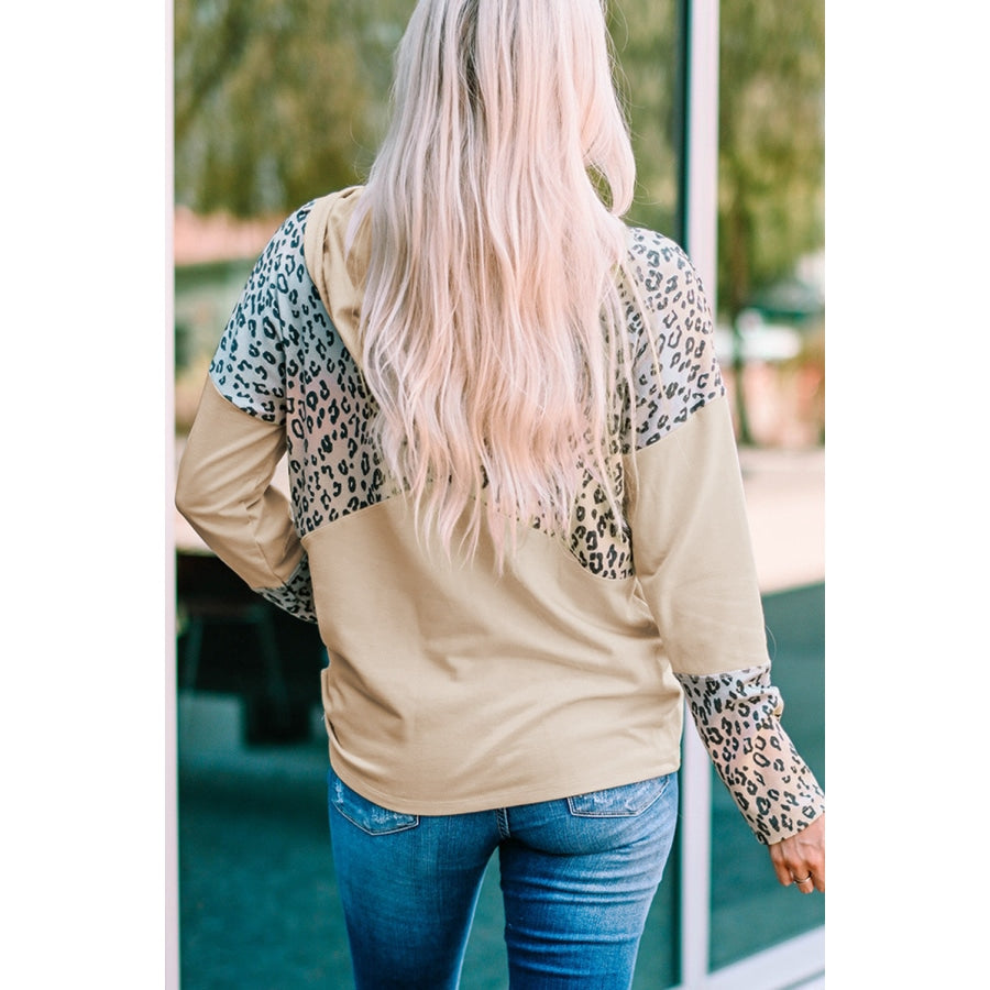 Leopard Color Block Buttoned Drawstring Detail Hoodie