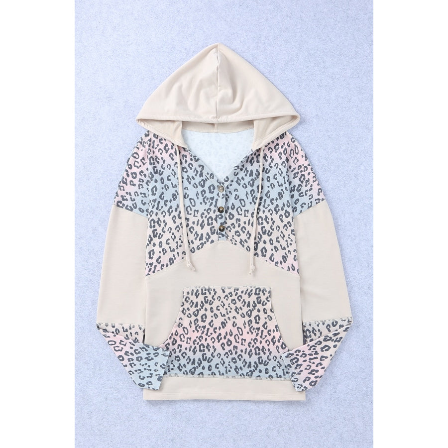 Leopard Color Block Buttoned Drawstring Detail Hoodie