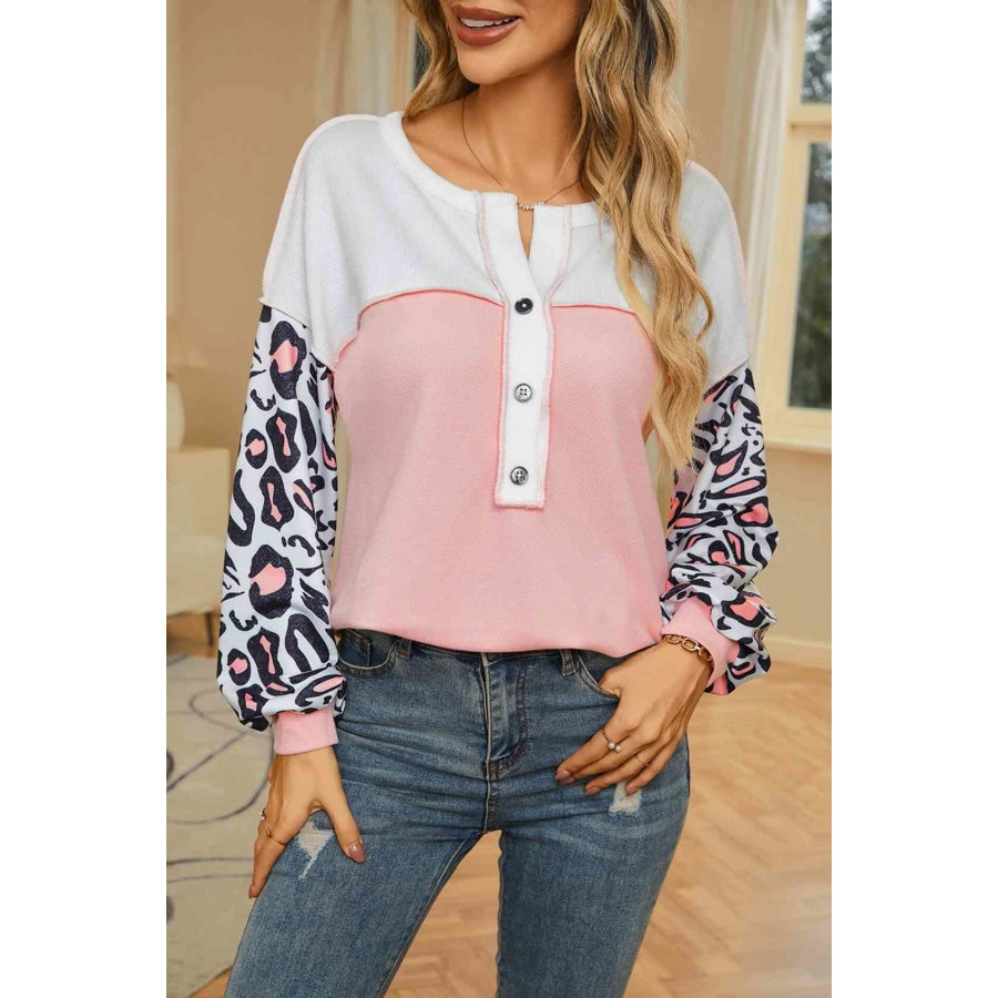 Leopard Color Block Buttoned Top Dusty Pink / S