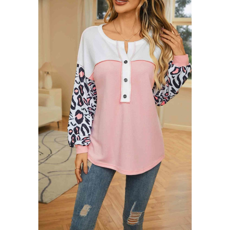 Leopard Color Block Buttoned Top