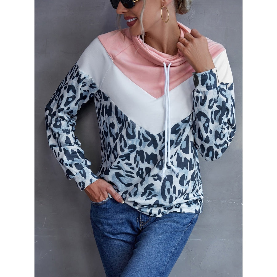 Leopard Color Block Drawstring Sweatshirt