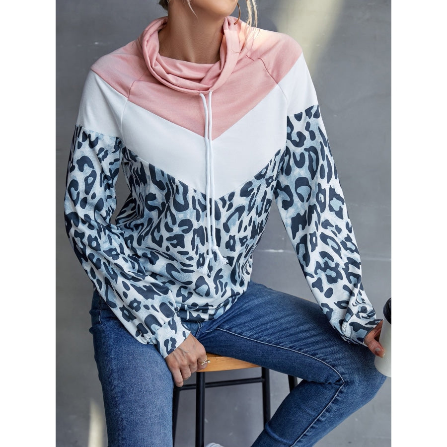 Leopard Color Block Drawstring Sweatshirt