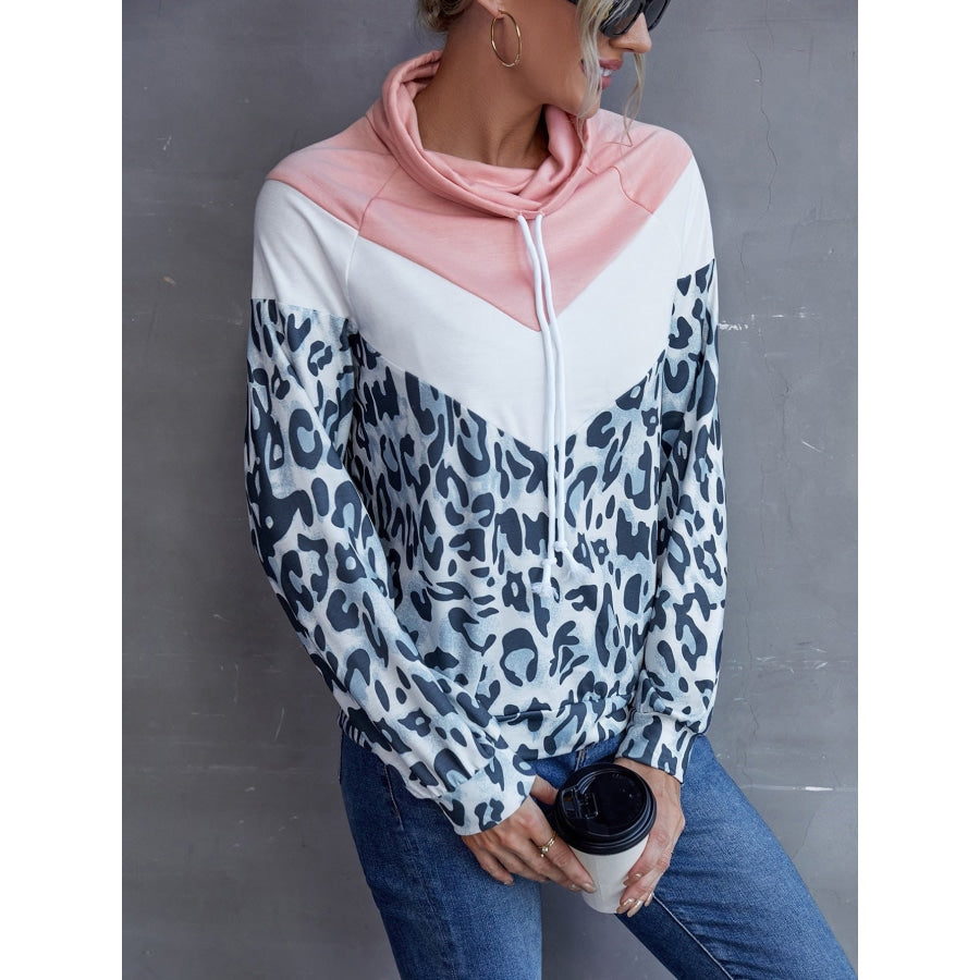 Leopard Color Block Drawstring Sweatshirt