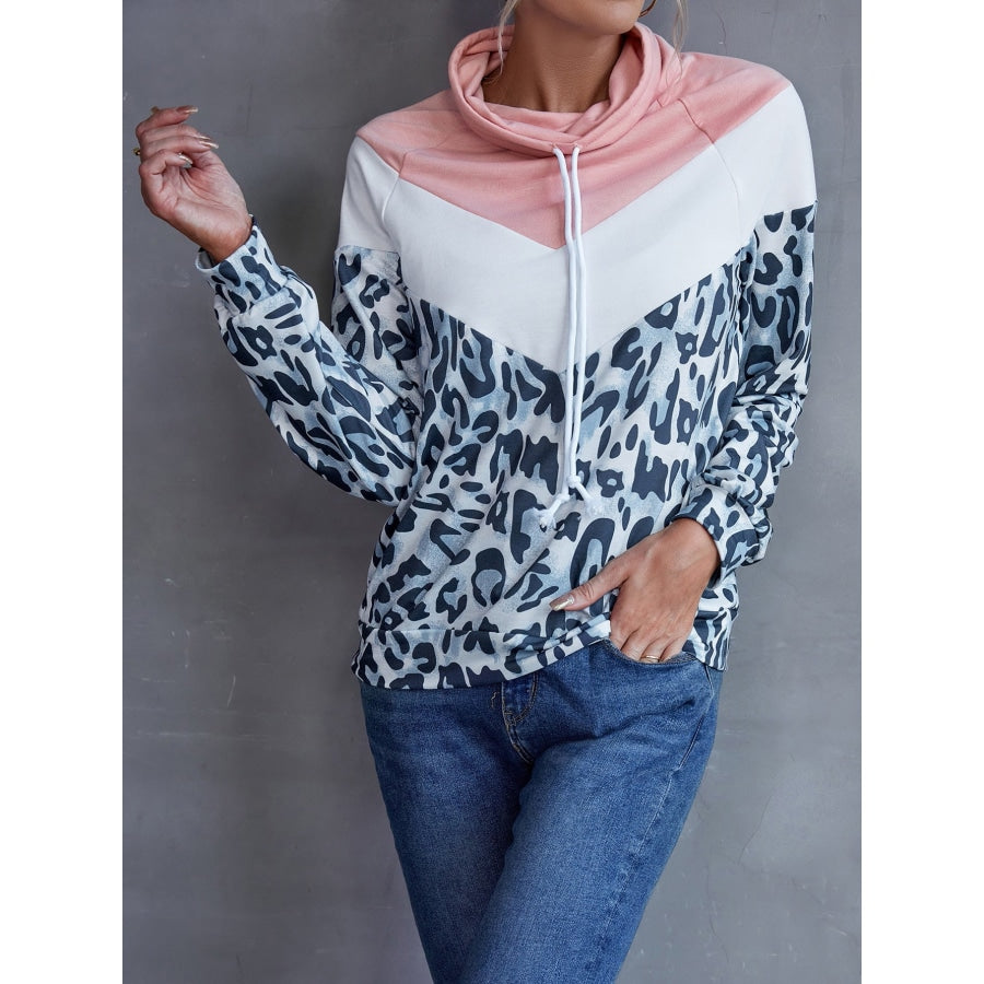 Leopard Color Block Drawstring Sweatshirt