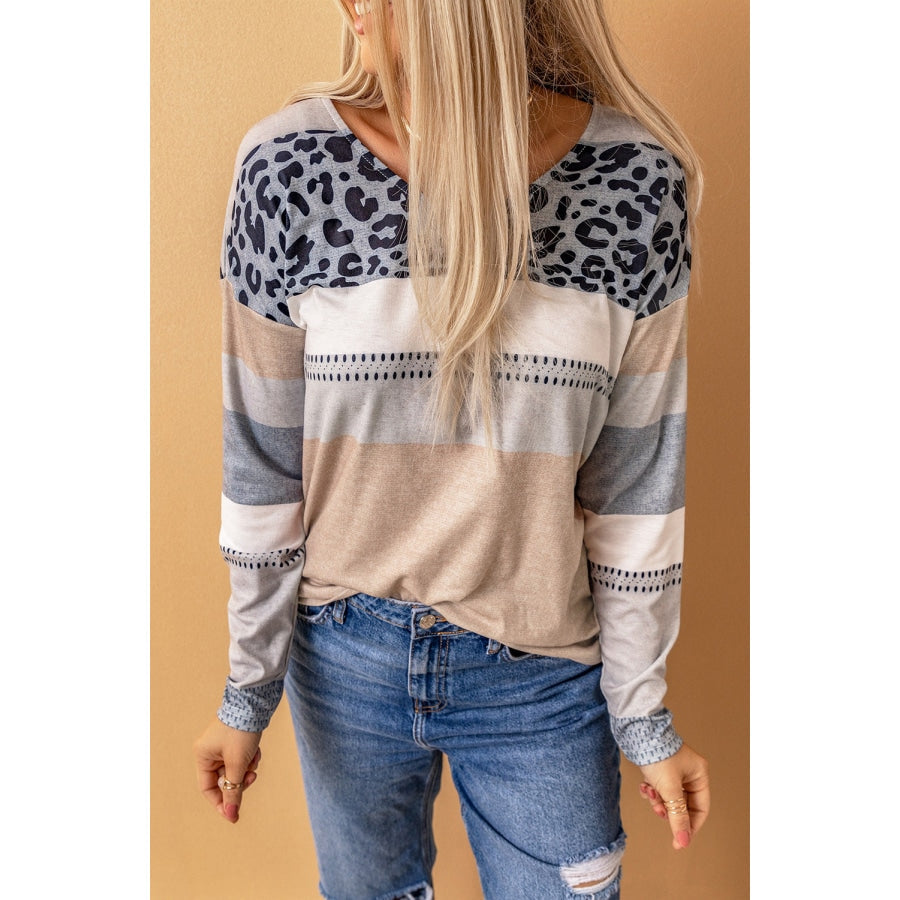 Leopard Color Block Drop Shoulder Top