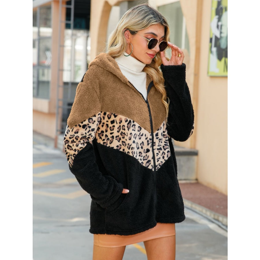 Leopard Color Block Hooded Teddy Jacket