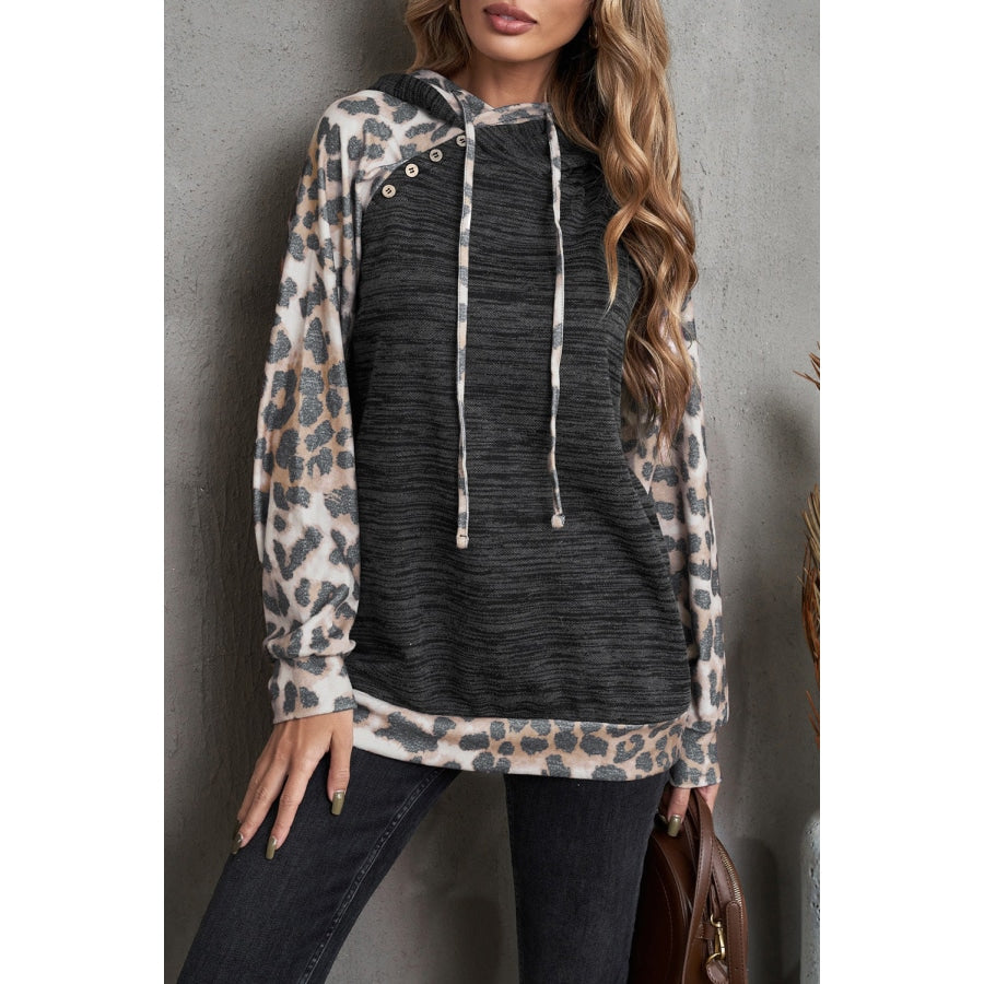 Leopard Color Block Raglan Sleeve Hoodie Leopard / S