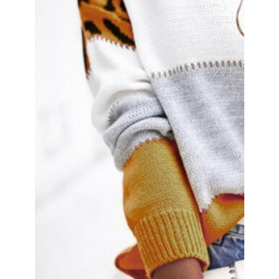 Leopard Color Block Round Neck Long Sleeve Sweater Apparel and Accessories