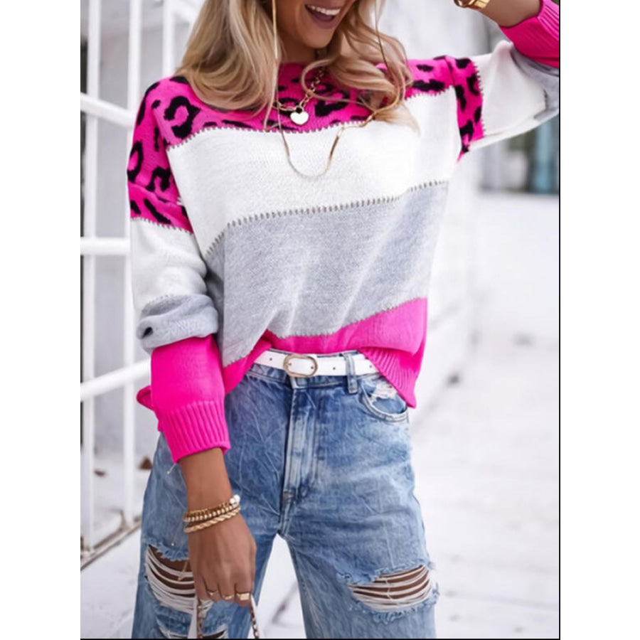 Leopard Color Block Round Neck Long Sleeve Sweater Hot Pink / One Size Apparel and Accessories