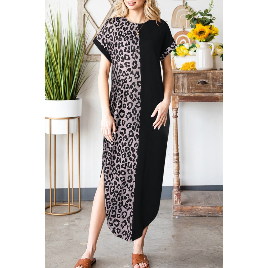 Leopard Color Block Split Dress Black / S