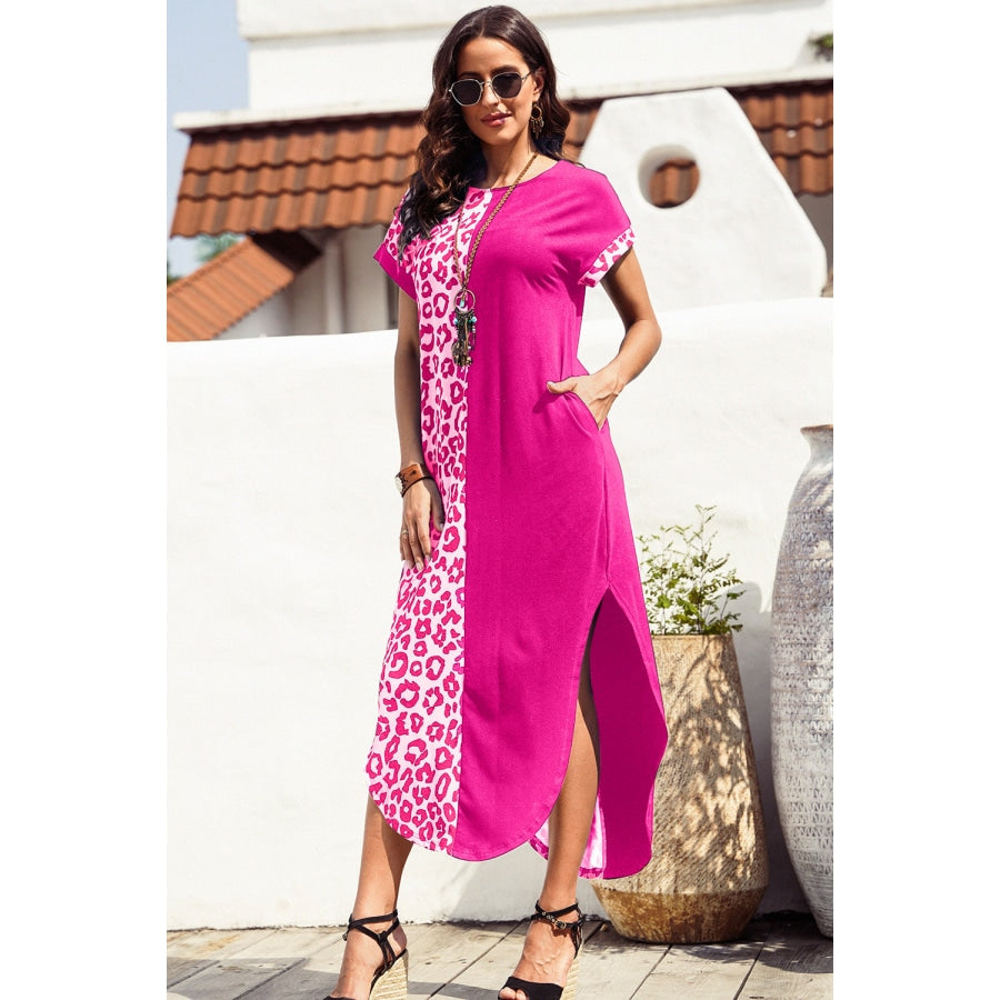 Leopard Color Block Split Dress Hot Pink / S