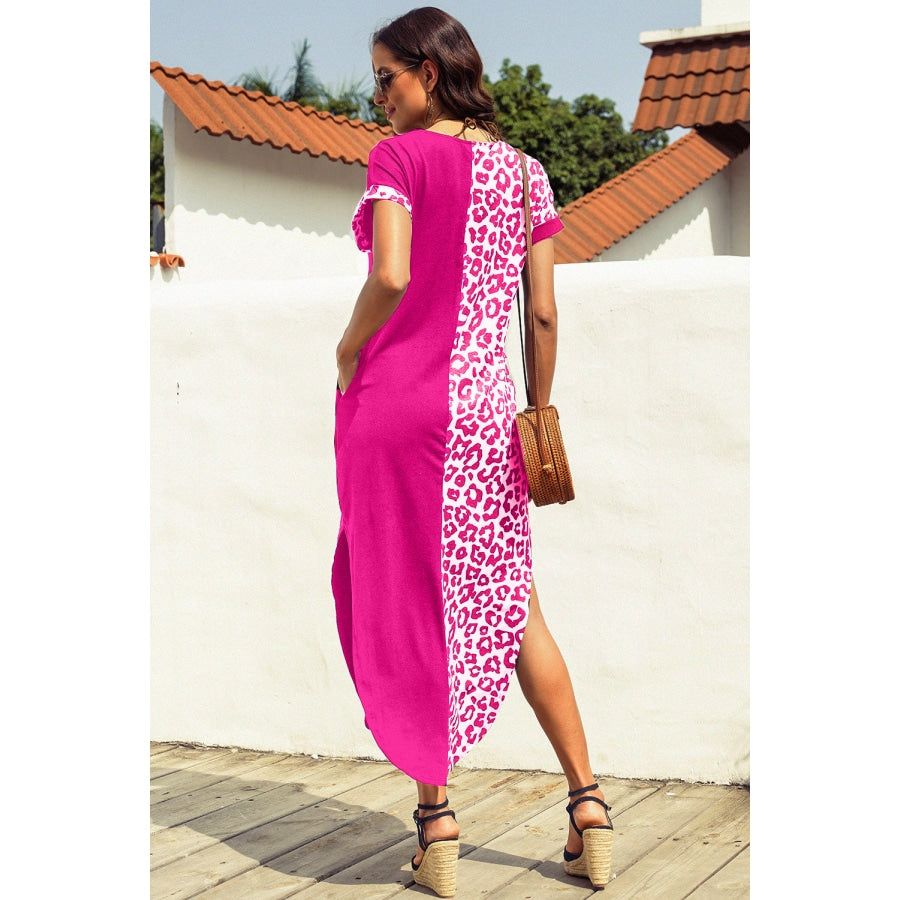 Leopard Color Block Split Dress Hot Pink / S