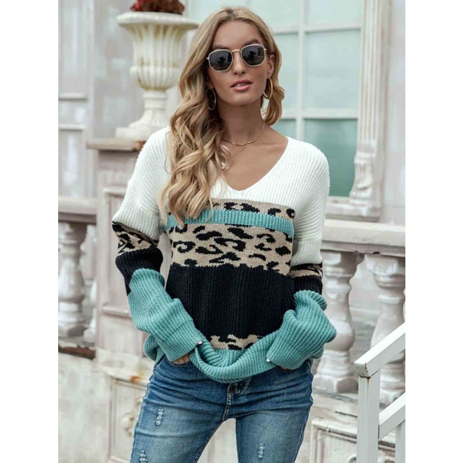 Leopard Color Block V-Neck Sweater Teal / S