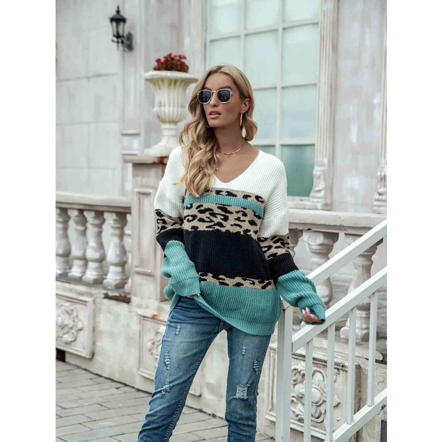 Leopard Color Block V-Neck Sweater