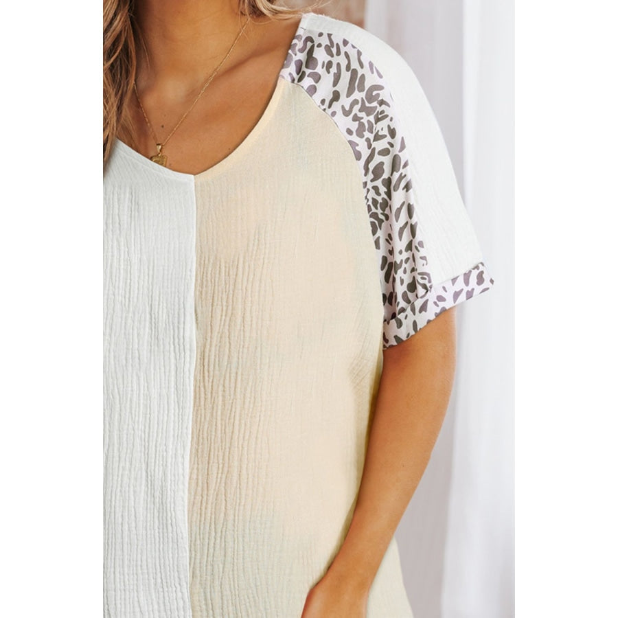 Leopard Color Block V-Neck Top