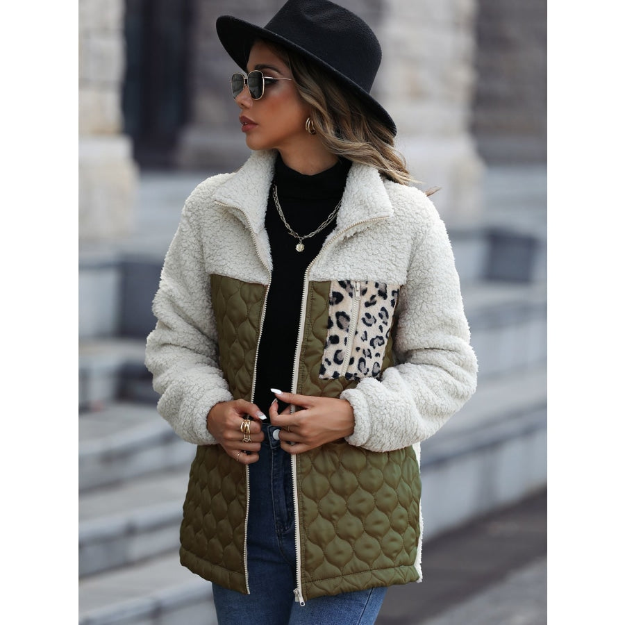 Leopard Color Block Zip-Up Jacket Army Green / S