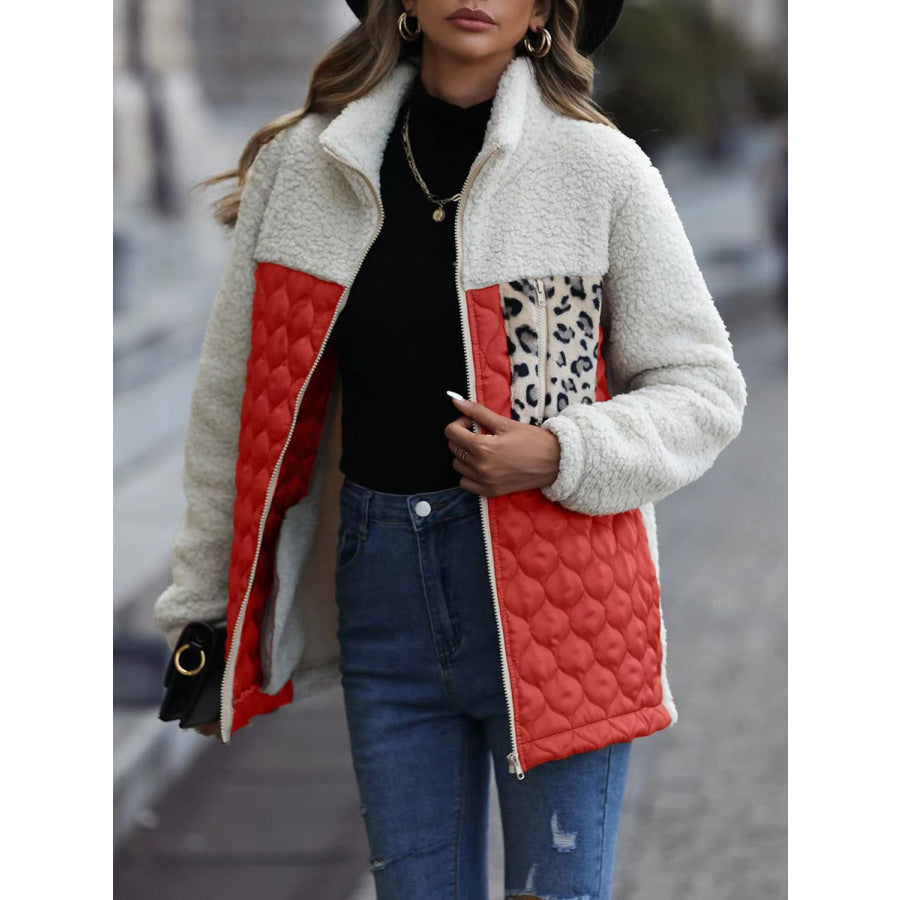Leopard Color Block Zip-Up Jacket Red Orange / S