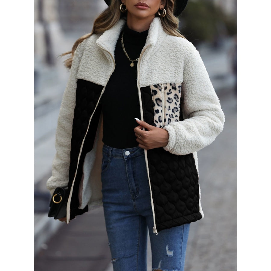 Leopard Color Block Zip-Up Jacket