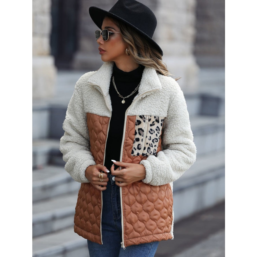 Leopard Color Block Zip-Up Jacket