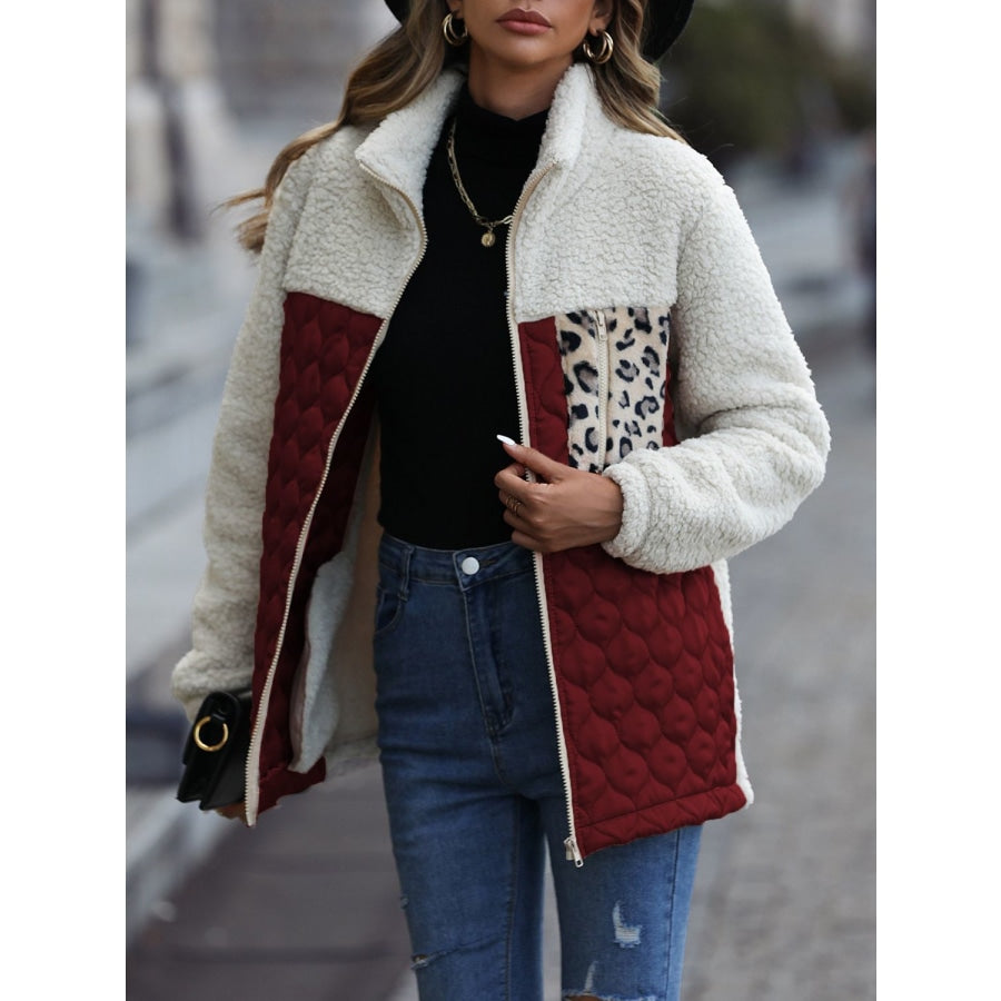 Leopard Color Block Zip-Up Jacket