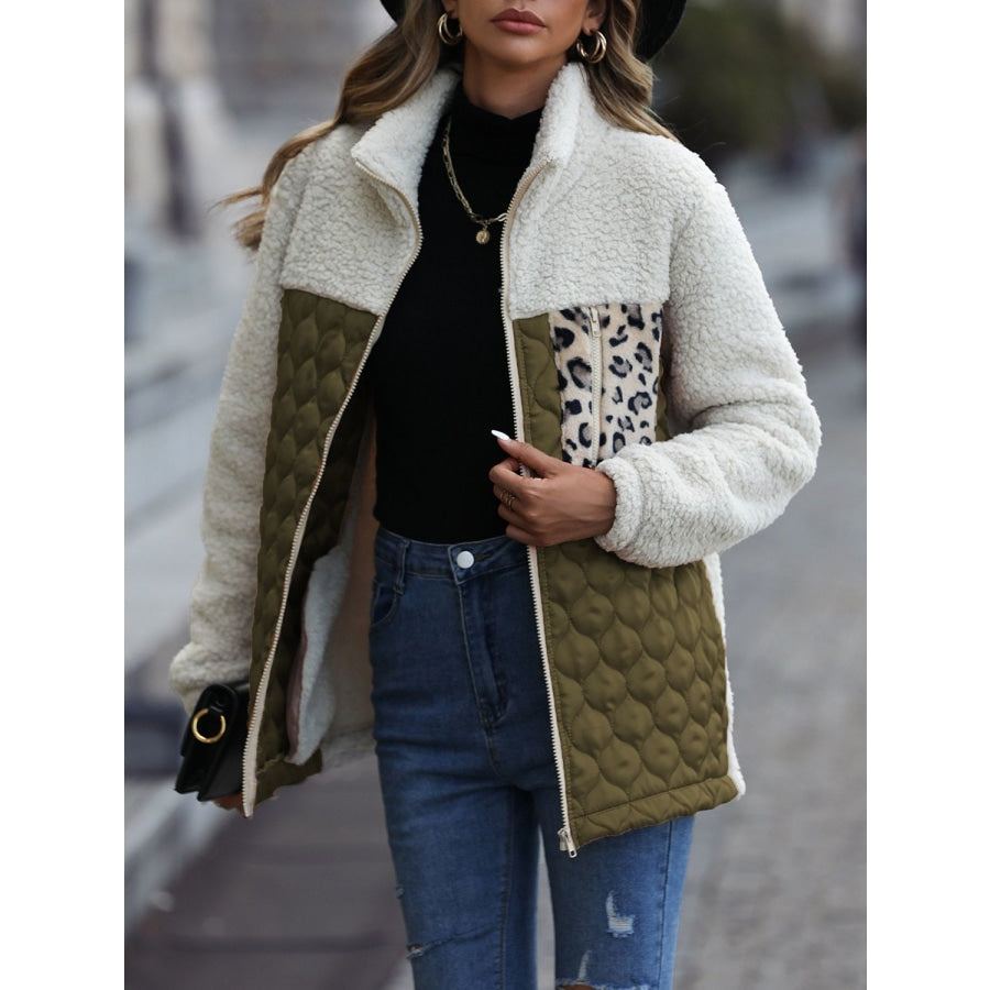 Leopard Color Block Zip-Up Jacket