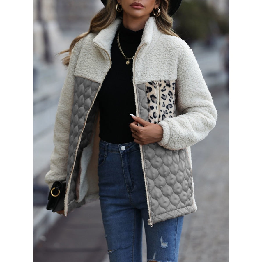 Leopard Color Block Zip-Up Jacket