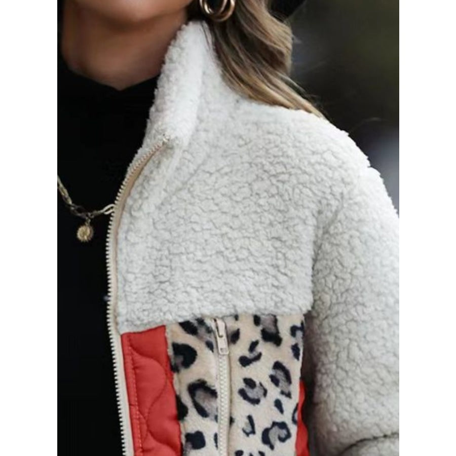 Leopard Color Block Zip-Up Jacket