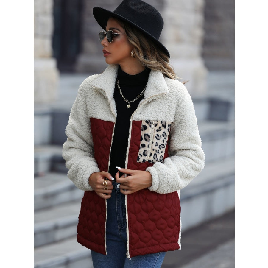 Leopard Color Block Zip-Up Jacket Wine / S