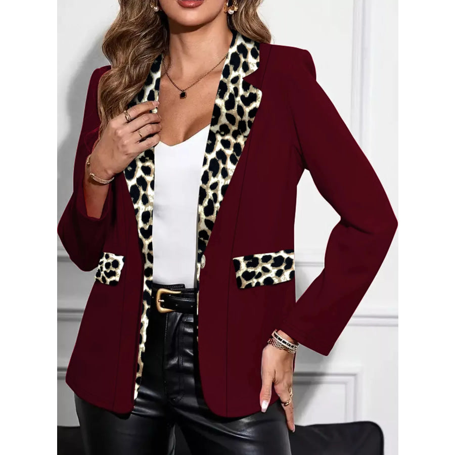 Leopard Contrast Lapel Blazer Burgundy-Pocket Flap / S Apparel and Accessories