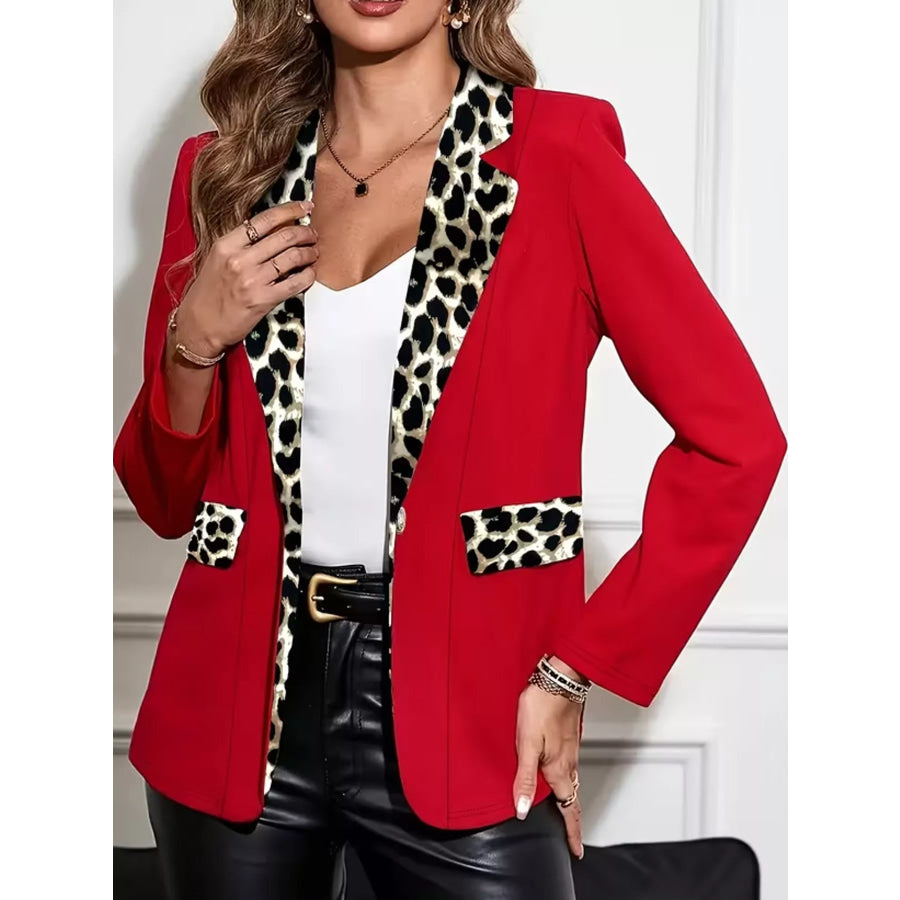 Leopard Contrast Lapel Blazer Red-Pocket Flap / S Apparel and Accessories