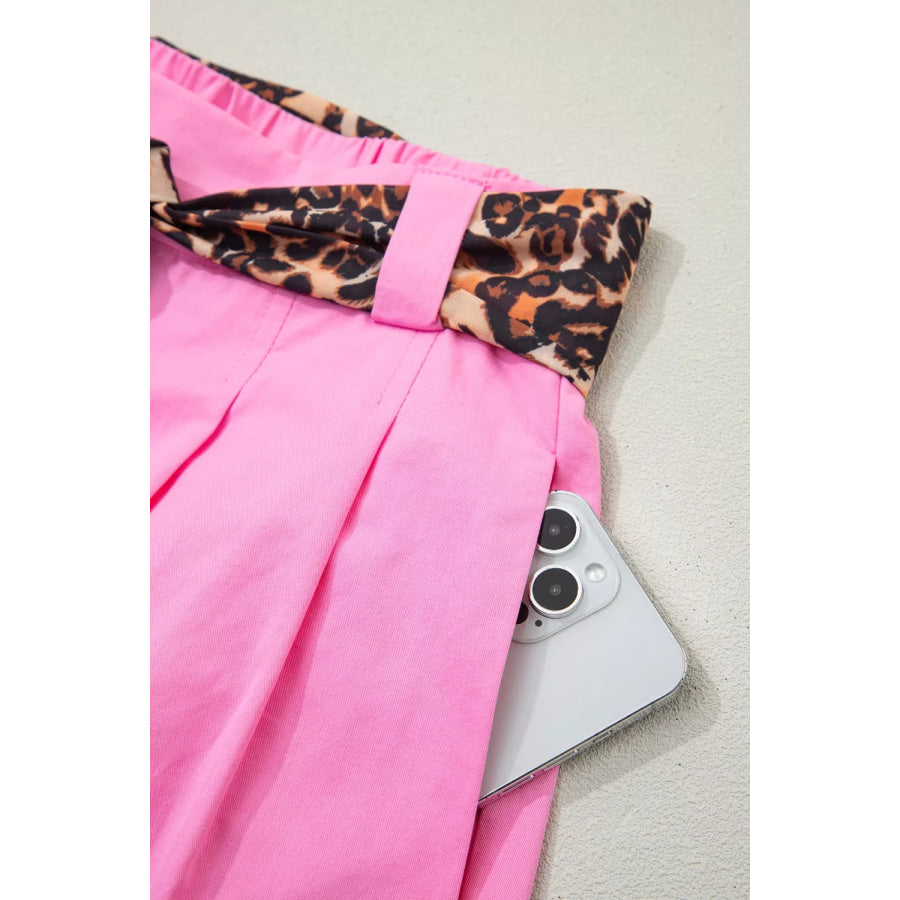 Leopard Contrast Sash Belt Pleated Wide Leg Shorts Apparel and Accessories