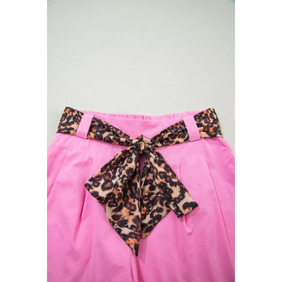 Leopard Contrast Sash Belt Pleated Wide Leg Shorts Apparel and Accessories