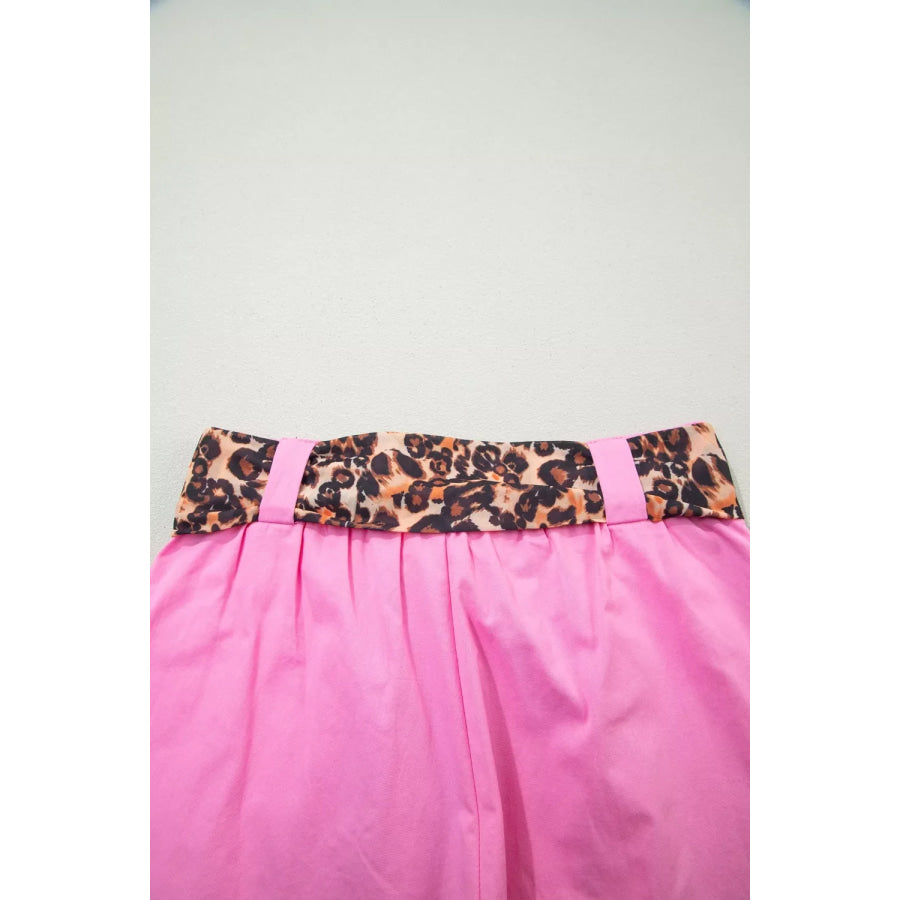 Leopard Contrast Sash Belt Pleated Wide Leg Shorts Apparel and Accessories