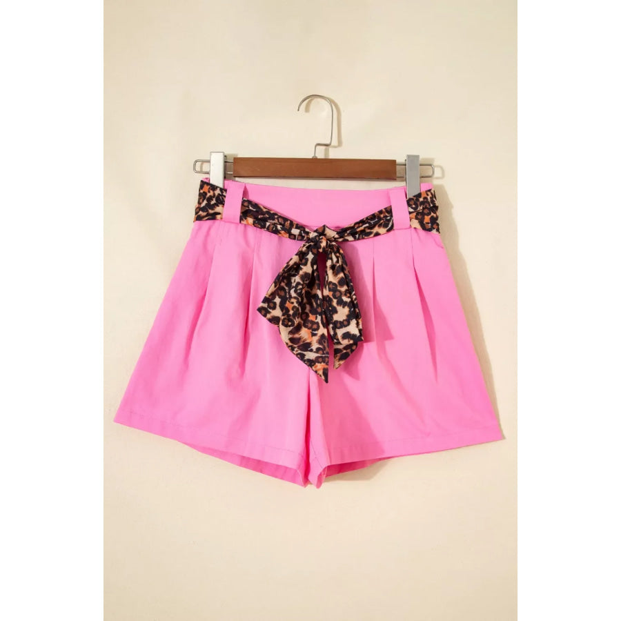 Leopard Contrast Sash Belt Pleated Wide Leg Shorts Apparel and Accessories