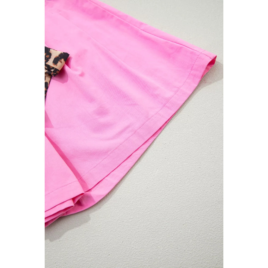 Leopard Contrast Sash Belt Pleated Wide Leg Shorts Apparel and Accessories