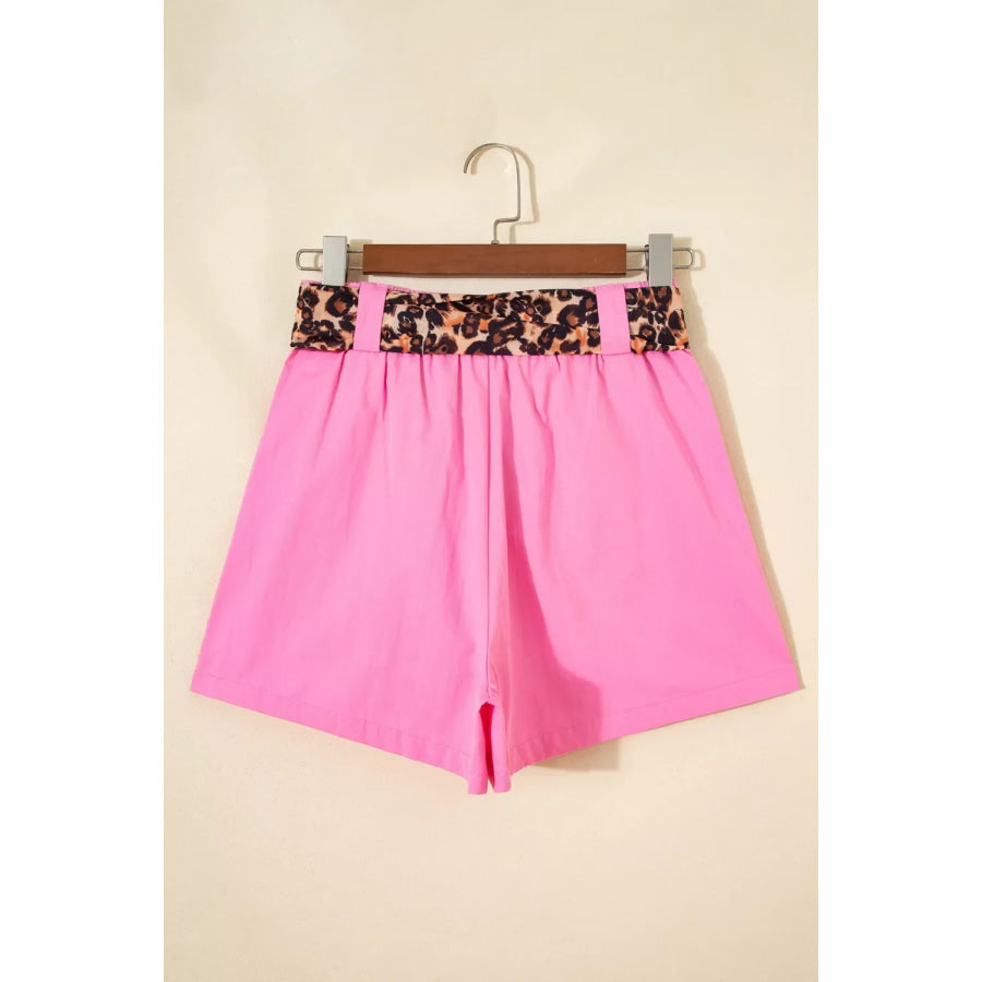 Leopard Contrast Sash Belt Pleated Wide Leg Shorts Apparel and Accessories