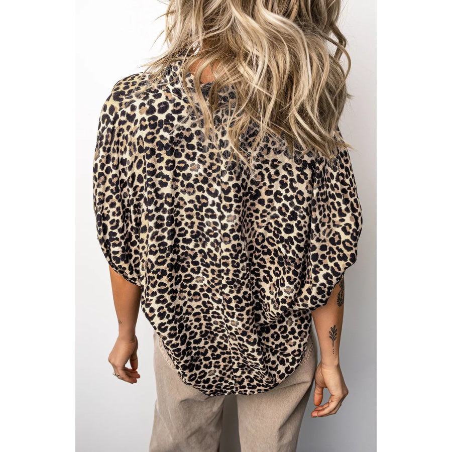 Leopard Contrast Trim V Neck Half Sleeve Western Dolman Blouse Apparel and Accessories
