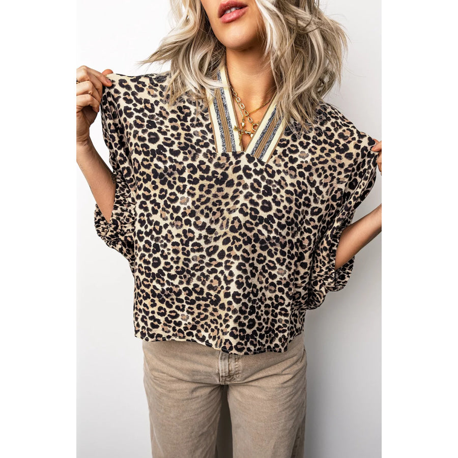 Leopard Contrast Trim V Neck Half Sleeve Western Dolman Blouse Taupe / S Apparel and Accessories